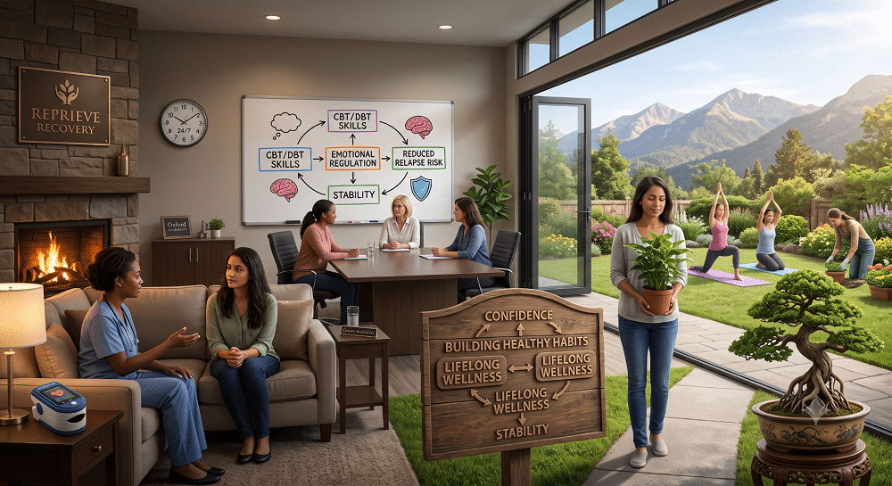 A professional photograph of a wellness and recovery center. On the left, a counselor in scrubs talks with a woman on a sofa near a stone fireplace with a glowing fire. A wall plaque above reads 'REPRIEVE RECOVERY' with a logo